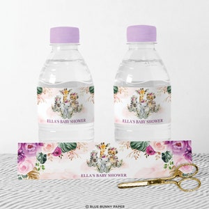 Jungle Water Bottle Label, Boho Safari Animals Baby Shower Favors, Wild One Birthday Blush Purple Tropical Floral EDITABLE TEMPLATE, SAF7