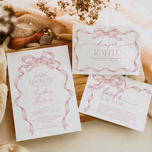 Babypartyeinladung Set mit rosa Schleife, Babypartyeinladung mit rosa Schleife