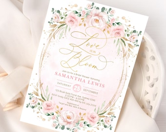Invitación de despedida de soltera Love is in Bloom, invitación de despedida de soltera de primavera floral rubor, descarga de PLANTILLA EDITABLE de flores de oro rosa, FLO40