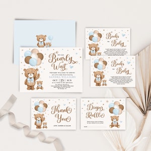 Teddy Bear Baby Shower Invitation Bundle We Can Bearly Wait Invite Blue Brown Balloons Diaper Raffle Book Request Editabe Templates BR10