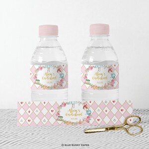 Alice in Wonderland Water Bottle Label, Mad Tea Party Onerland 1st Birthday, Pink Gold Floral Baby Shower Favors EDITABLE TEMPLATE, AL1