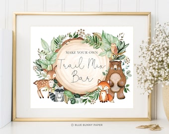 Woodland Trail Mix Bar Sign. Woodland Birthday Decorations. Greenery Forest Animals Baby Shower Printable Decor. INSTANT DOWNLOAD. WOOD24