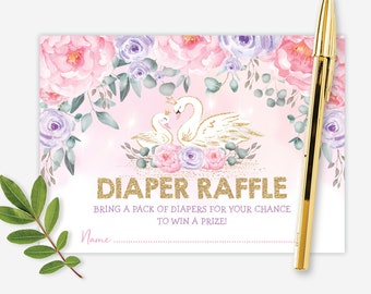Swan Princess Diaper Raffle Printable. Pink Purple Floral Swan Baby Shower Invitation Insert. INSTANT DOWNLOAD. SWAN3