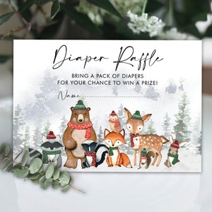 Tombola de couches d’animaux des bois d’hiver, douche de bébé de montagne enneigée, carte imprimable de paysage de forêt givrée, téléchargement instantané de vacances, WINT22