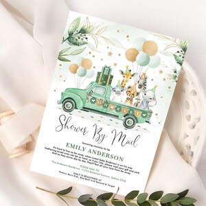 Editable Baby Shower By Mail Invitaton Greenery Gold Jungle Safari Animals Invite Template Virtual Quarantine Baby Shower Printable, DB5