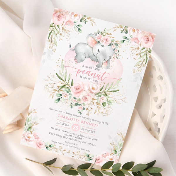 EDITABLE Blush Pink Elephant Baby Shower Invitation, Pink Floral Sweet Little Peanut Invite, Girly Jungle Elephant Printable Template EL17