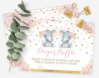 Twin Elephant Diaper Raffle Card. Twin Girls Baby Shower Printable. Blush Pink Gold Floral Jungle Elephant INSTANT DOWNLOAD. EL6