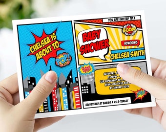 Editable Superhero Baby Shower Invitation, Superheroes  Party Invite, Super Hero Comic Theme Digital Printable Download Template, SUPER1