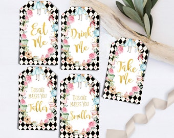 May include: Five printable gift tags featuring Alice in Wonderland themed designs. The tags are black and white with a checkered pattern and feature pink roses, teacups, and other whimsical elements. The text on the tags reads "Eat Me", "Drink Me", "Take Me", "This one makes you taller", and "This one makes you smaller".