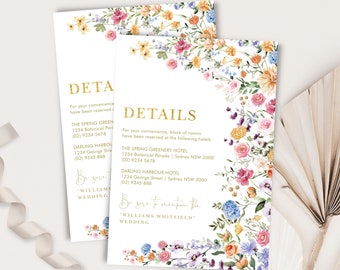 Modelo de cartão de detalhes de casamento de flores de jardim EDITÁVEIS, cartão de cerco de casamento de flores silvestres, inserção de flor colorida Boho DOWNLOAD INSTANTÂNEO, FLO2