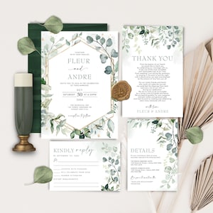 Pacchetto modello invito matrimonio verde, suite invito matrimonio Boho Eucalyptus, RSVP matrimonio botanico, download biglietto di ringraziamento, GR6
