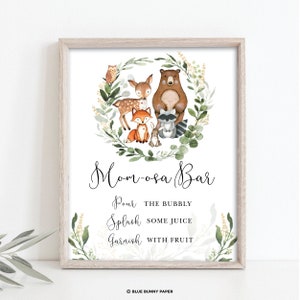 Letrero de bar Mom-osa, Bar mamá-osa imprimible, Decoraciones de baby shower de animales del bosque, Descarga imprimible de vegetación neutral de género, WOOD33