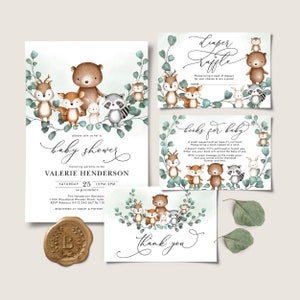 Bos baby shower uitnodiging bundel, BEWERKBARE bosdieren neutraal groen uitnodigen pakket, afdrukbare eucalyptus sjablonen, WOOD43
