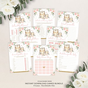 Owl Baby Shower GAMES BUNDLE, 8 Blush Floral Printable Games, Owl Baby Girl Games Package, Pink Gold Instant Download, OWL1