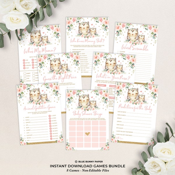 Owl Baby Shower GAMES BUNDLE, 8 Blush Floral Printable Games, Owl Baby Girl Games Package, Pink Gold Instant Download, OWL1