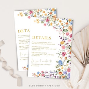 Plantilla de tarjeta de detalles de boda de flores de jardín EDITABLE, tarjeta de recinto de boda de flores silvestres, inserto de flor boho colorido DESCARGA INSTANTÁNEA, FLO2