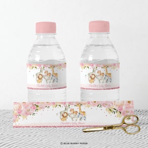 EDITABLE Water Bottle Label Template, Girl Safari Animals Baby Shower, Jungle Wild One 1st Birthday Party Favors Printable Download, SAF5