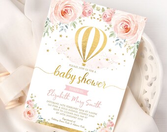 EDITABLE Blush Floral Hot Air Balloon Baby Shower Invitation, Adventure Pink Gold Watercolor Rose Invitation Printable INSTANT DOWNLOAD HAB5
