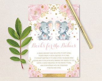 Girl Elephant Twin Baby Shower Books for Babies Card. Pink Gold Floral Bring a Book Printable. Girly Little Peanuts INSTANT DOWNLOAD. EL6