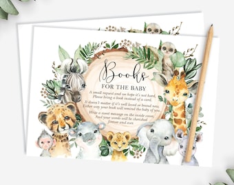 Livros Safari para cartão de bebê. Chá de bebê na selva Traga um livro em vez de um cartão para impressão. Download instantâneo de animais selvagens com vegetação rústica JUN13