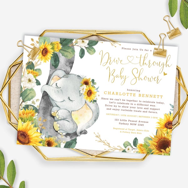 Editable Elephant Drive Through Baby Shower Invitation. Sunflower Drive By Parade. Quarantine Party Template. Instant Download. EL12