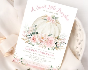 May include: A pink and green baby shower invitation with a watercolor illustration of a white pumpkin with pink flowers and greenery. The text reads "A Sweet Little Pumpkin is on her way".