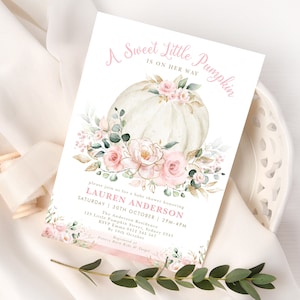 Girl Pumpkin Baby Shower Invitation, Fall in Love Invite, Blush Pink Floral Party, Rose Gold Baby Sprinkle Invitation Template Corjl, PUM5