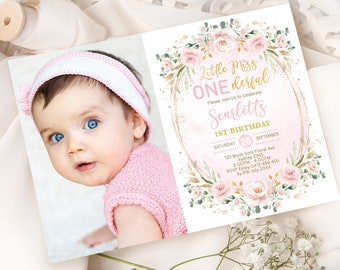 Invitación de cumpleaños EDITABLE de Miss ONEderful, invitación de 1er cumpleaños de niña floral rosa rubor, plantilla imprimible de corona de flores Descargar FLO40