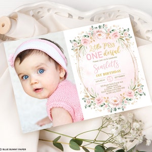 EDITABLE Miss ONEderful Birthday Invitation, Blush Pink Floral Girl 1st Birthday Invite, Flower Wreath Printable Template Download FLO40