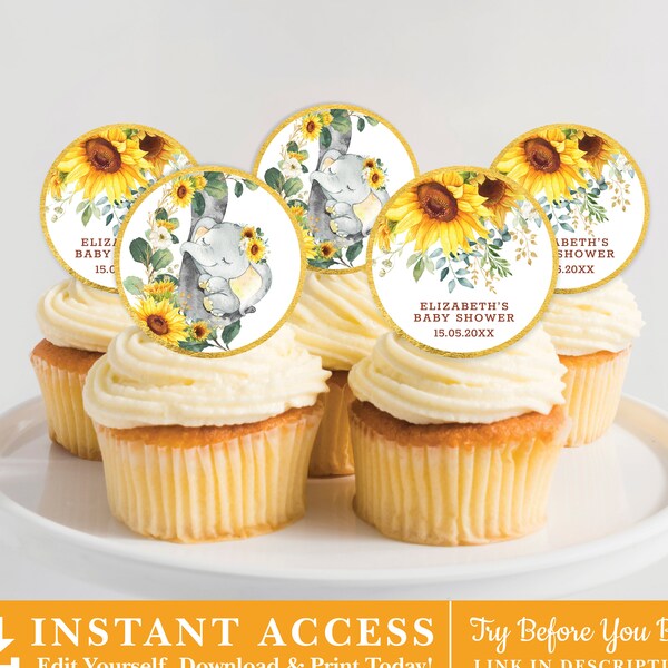 Editable Sunflower Elephant Cupcake Toppers. Summer Floral Elephant Baby Shower Thank You Favor Stickers. Envelopes Seals Template. EL12