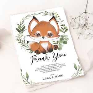 Greenery Fox Thank You Card, Fox Baby Shower EDITABLE TEMPLATE, Gender Neutral Eucalyptus Wreath Printable, Wild One Woodland Download, FOX6