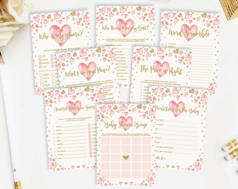 Valentines Sweetheart Baby Shower Games Package. Pink Gold Hearts Printable Game. Watercolor Confetti. INSTANT DOWNLOAD. VAL1