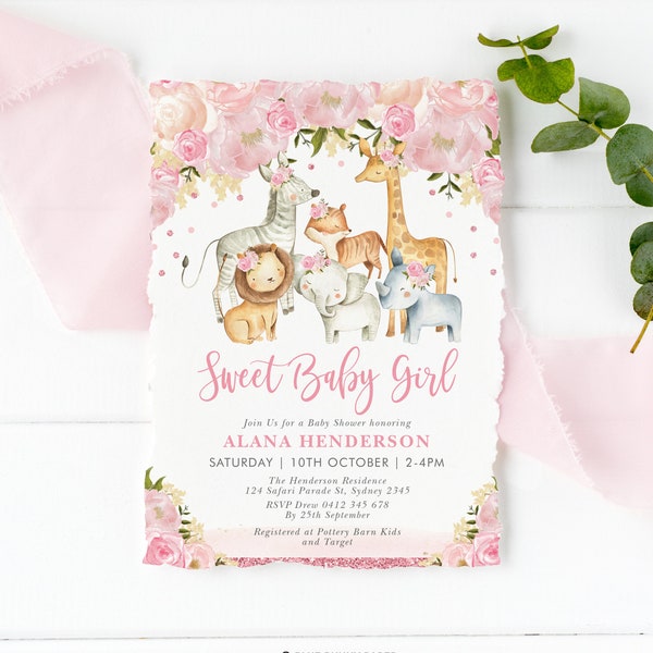 Editable Safari Girl Baby Shower Invitation Template, Jungle Animals Printable Invite, Rose Gold Blush Pink Floral Instant Download, SAF5