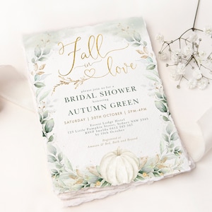 Greenery Pumpkin Bridal Shower Invitation, Fall in Love Wedding Shower Invite, Autumn Botanical Leafy Wreath Editable Template Download PUM4 image 1