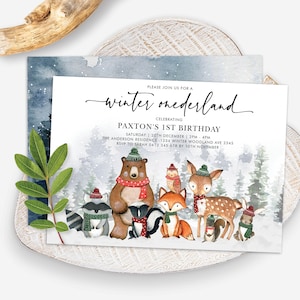 EDITABLE Winter ONEderland Birthday Invitation Woodland 1st Birthday Invite Forest Animals Pine Trees Printable Template Download, WINT22