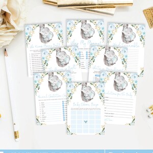 FORFAIT DE JEUX de baby shower d'éléphant d'or bleu doux. 8x jeux imprimables d'éléphant de jungle floral bleu pastel. Téléchargement instantané. EL8