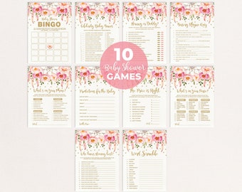 Boho Baby Shower Games Bundle, Pink Gold Dreamcatcher Baby Girl Games Package, Bohemian Floral Printable Games Set Download, FLO12A
