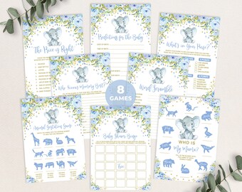 8 Boy Elephant Baby Shower Games, Blue Floral Games Bundle Download, Little Peanut Printable Party Games Package, Instant Download, ROSE3