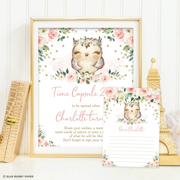 EDITABLE Owl Time Capsule, Blush Floral 1st Birthday Party Sign, Pink Gold Girl Time Capsule Printable Template Instant Download, OWL1