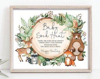 Baby Sock Hunt Game Sign, Woodland Greenery Baby Shower Sock Hunting Game, Wild Forest Animals Printable INSTANT DOWNLOAD, WOOD24