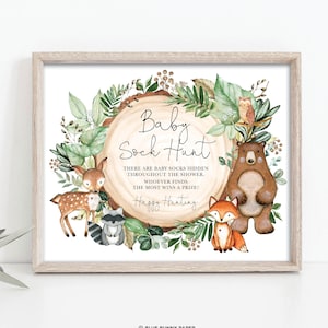 Signo de juego de caza de calcetines para bebés, juego de caza de calcetines para baby shower de Woodland Greenery, descarga instantánea imprimible de animales del bosque salvaje, WOOD24