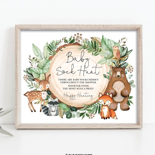 Baby Sock Hunt Game Sign, Woodland Greenery Baby Shower Sock Hunting Game, Wild Forest Animals Printable INSTANT DOWNLOAD, WOOD24