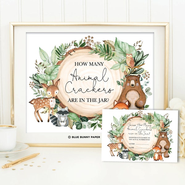 Woodland Baby Shower Game Sign. How Many Animal Crackers are in the Jar Printable Rustic Forest Greenery Party Decor INSTANT DOWNLOAD WOOD24