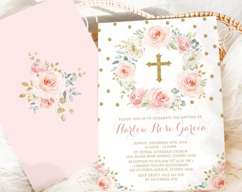 Girl Baptism Invitation: Pink Gold Floral Christening Invite Editable Template Digital Download, FLO28