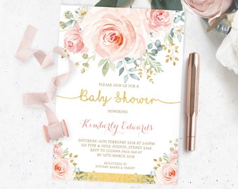 Feminine Soft Blush Floral Baby Shower EDITABLE INVITATION. Pink Gold Watercolor Flower Girl Baby Sprinkle Printable Invite Download. FLO28