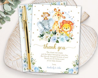 EDITABLE Safari Animals Baby Shower Thank You Card. Blue Gold Floral Jungle Birthday Printable Download. Lion Elephant Giraffe. JUN10