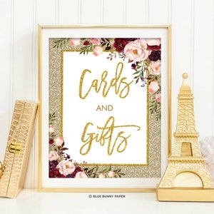 Or paillettes cartes et cadeaux douche nuptiale signe Bourgogne Blush Floral Roses Baby Shower décorations imprimable téléchargement immédiat, FLO33