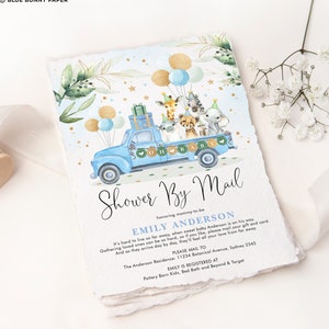 Safari Baby Shower By Mail Invite Blue Gold Jungle Animals Editable Invitation Template Greenery Virtual Baby Shower Printable Download DB5