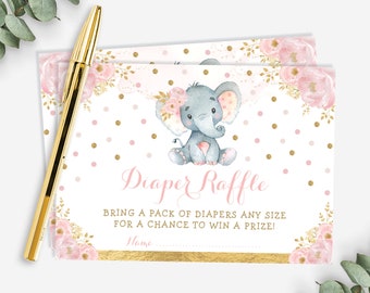 Girl Elephant Diaper Raffle Card. Blush Pink Floral Elephant Baby Shower Printable. Cute Little Peanut INSTANT DOWNLOAD. EL6