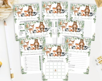 Greenery Woodland Baby Shower GAMES PACKAGE. 8x Forest Animals Printable Games. Rustic Botanical Instant Download. WOOD24